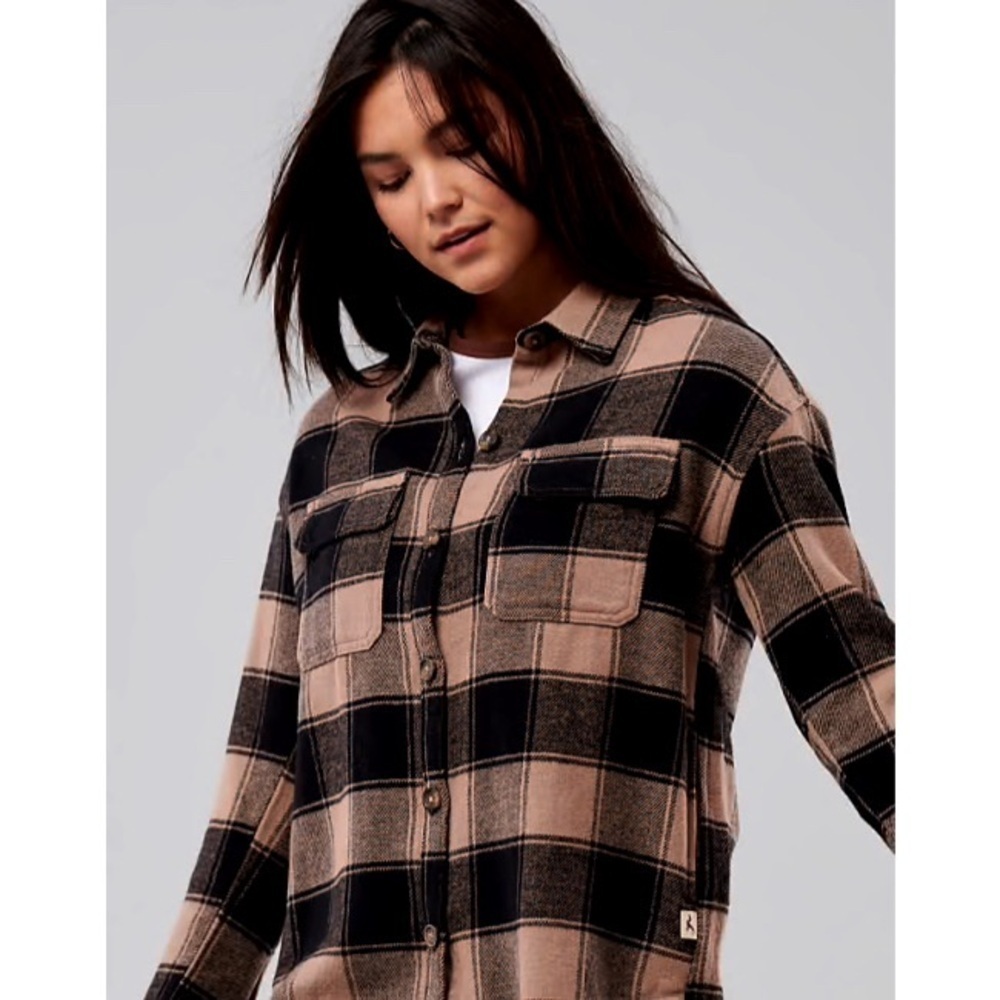 Hollister Loose Fit Button Down Long Sleeve Plaid Shirt Brown Tan